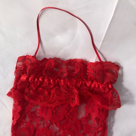 Vintage Red Sheer Lace Christmas Holiday Stocking with Bow - Picture 7 of 11